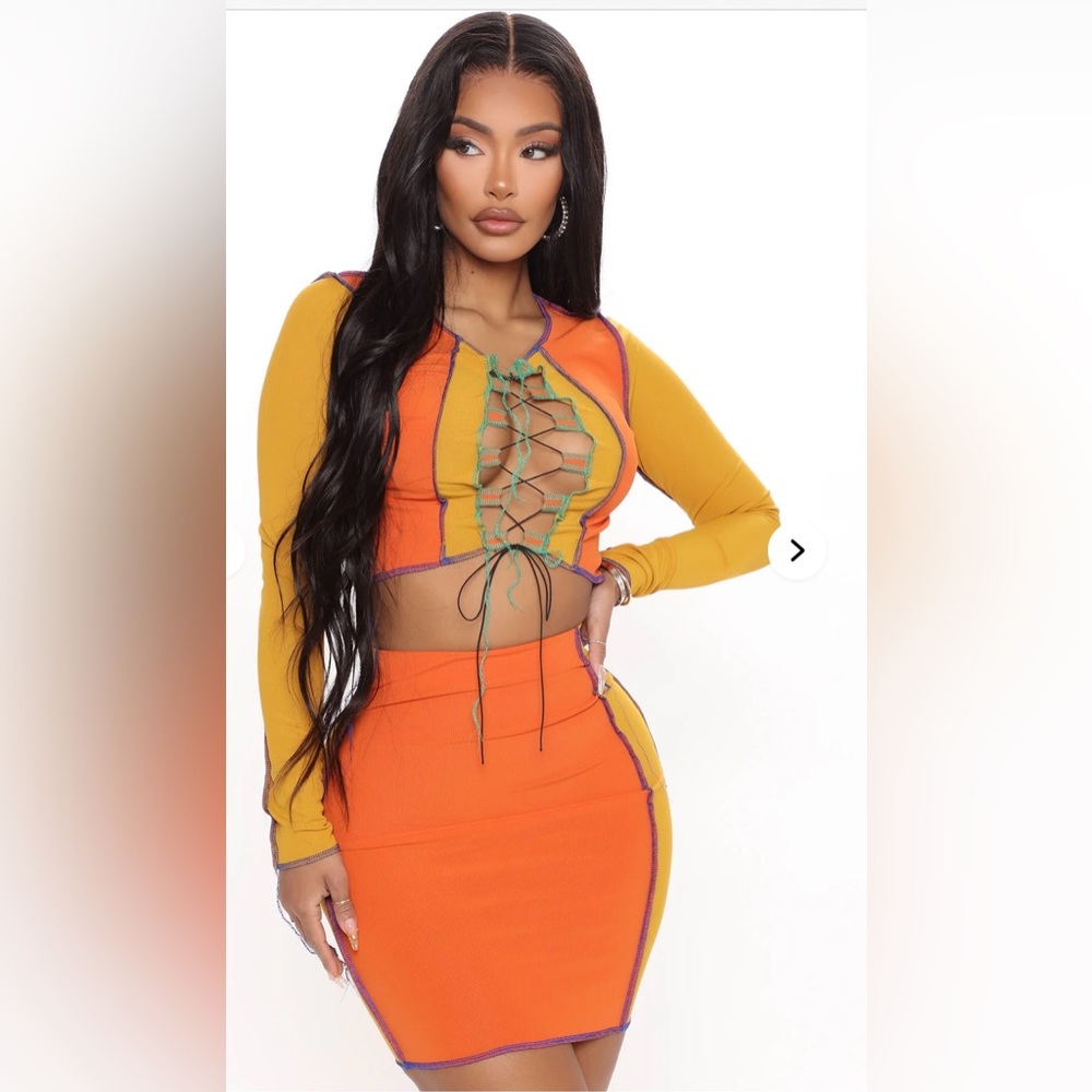 Fashion Nova Orange Lace Up 2 Piece Skirt Set Club Party Outfit XL - Picture 2 of 3